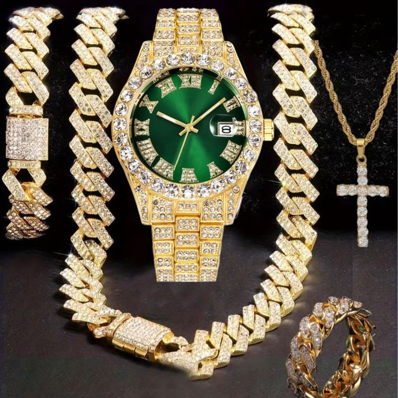 Orologio Hip Hop tempestato di diamanti, composto da cinque pezzi, con collana a croce a forma di diamante e anello cubano._voghion.com
