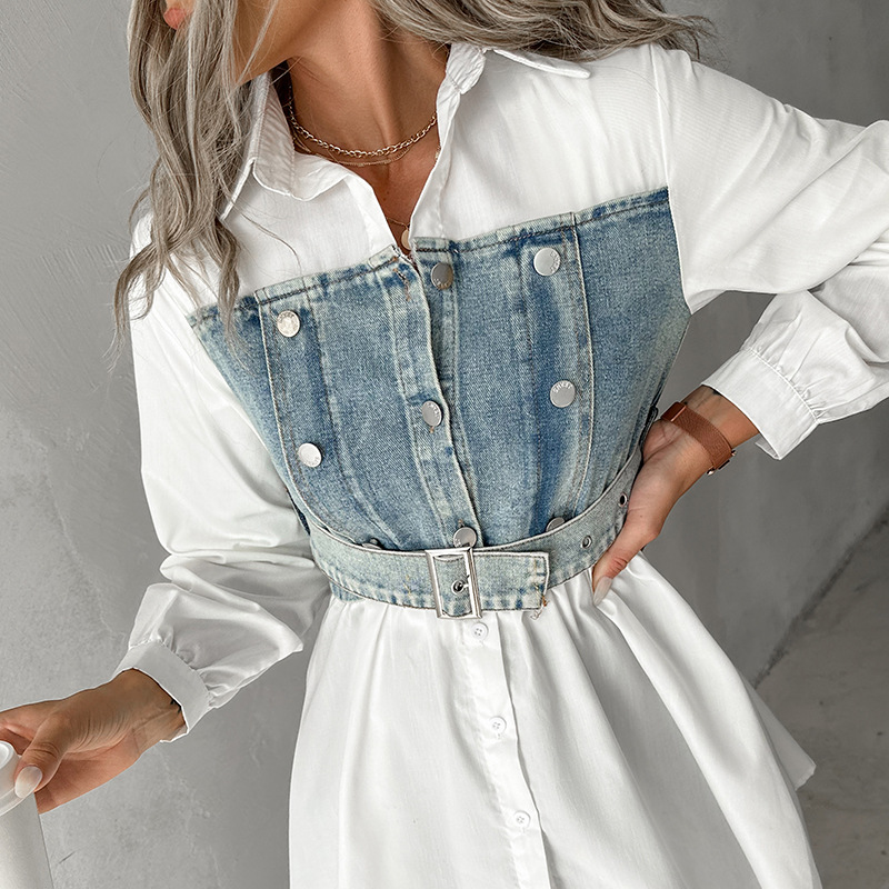 Top camicia in denim con bottoni e cuciture New Source Fashion da donna, 361 g_voghion.com