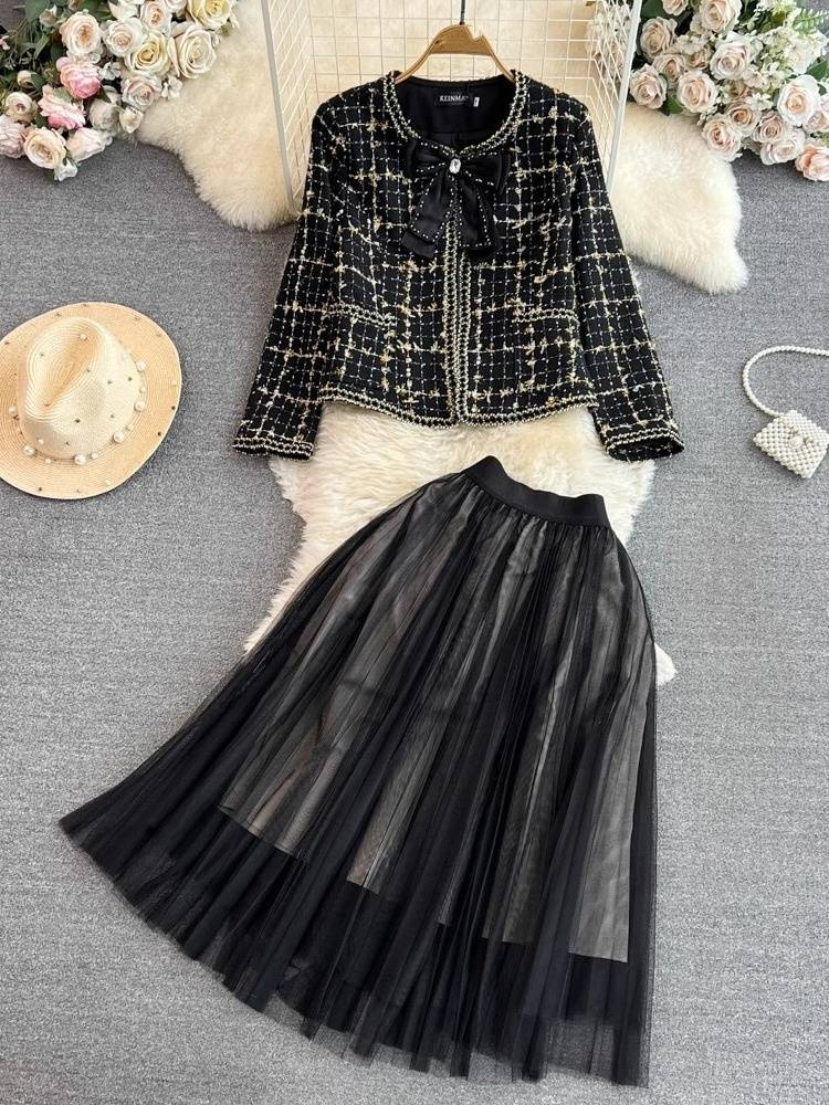 Damenbekleidung Rundhals Einreiher Tweedjacke Zweiteiler Hohe Taille A E Rock_voghion.com