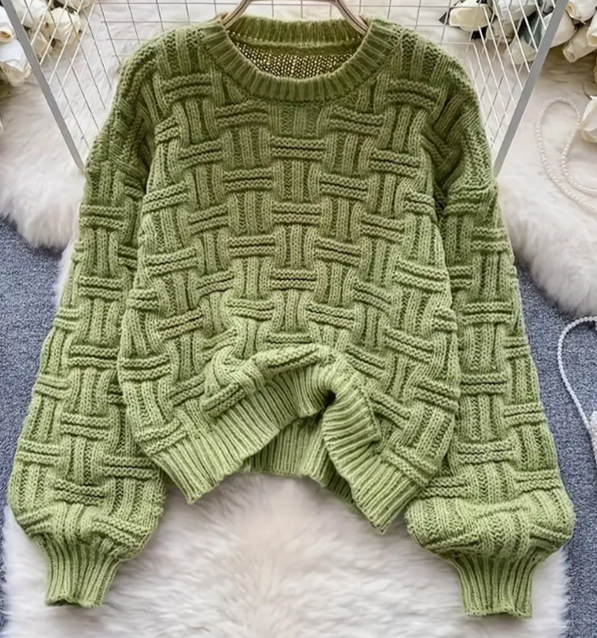 Women's Clothing Autumn And Winter Knitted Sweater Fashion Woven Rib Design Pullover Long Sleeved Round Neck Top_voghion.com