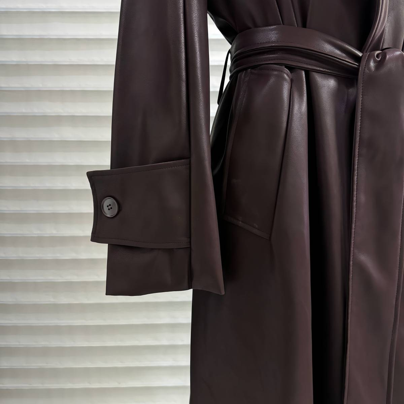 Dame lang motorcykel snøre Slim Pu læderfrakke Trench Coat_voghion.com