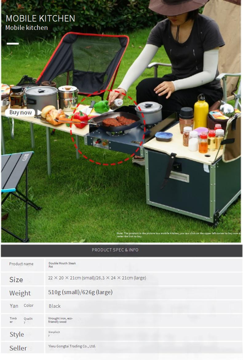 Poêle à griller pliable en fonte - Poêle à barbecue portable d'extérieur avec manche en bois, bec profond et double pour steak et camping_voghion.com