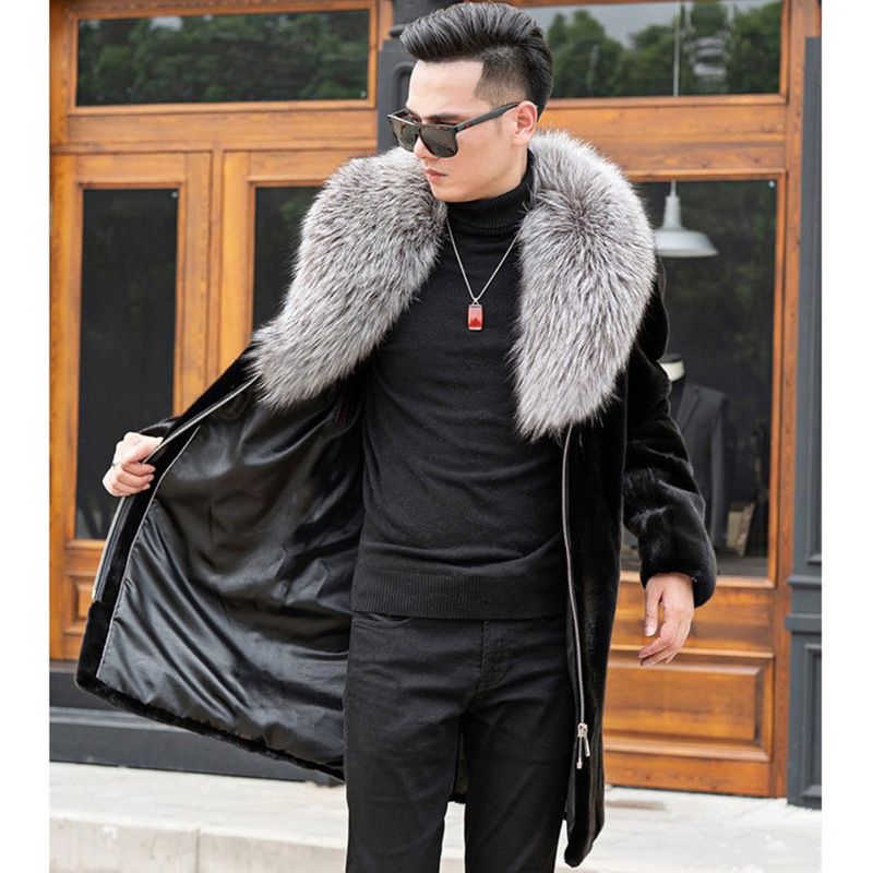 Men's Faux Mink Coat - Oversized Longline Faux Fur Jacket With Zip Front (Streetwear Style)_voghion.com