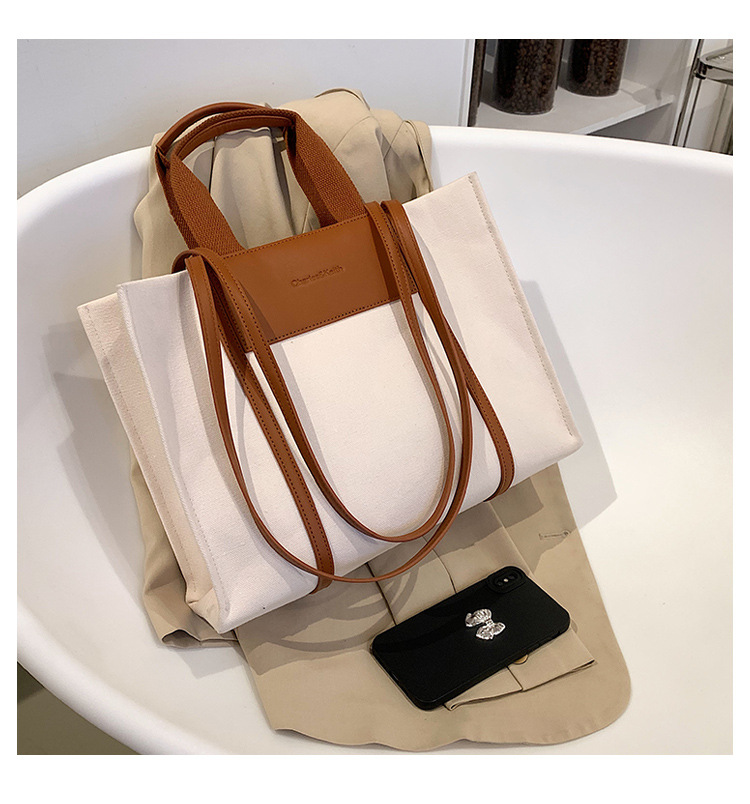 Borse tote da donna, semplici borse tote da donna con colori di tela a contrasto e tracolla singola di grande capacità._voghion.com