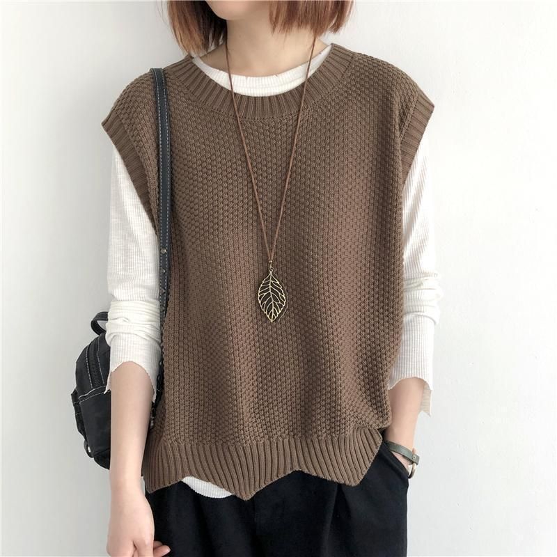 K Women's Knitted Vest; Pure Color, Loose, Round Neck, Irregular Pullover Short Cardigan._voghion.com