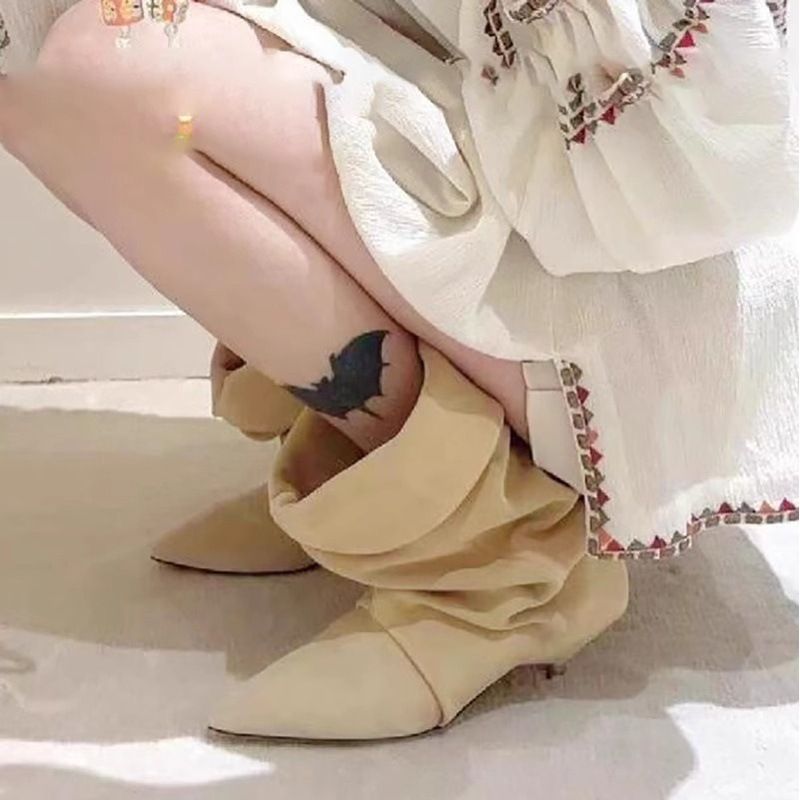Versione in pelle di pecora ~ Scarpe da donna con tacco a spillo e pelo piegato, nuove scarpe casual alla moda western per autunno e inverno,_voghion.com