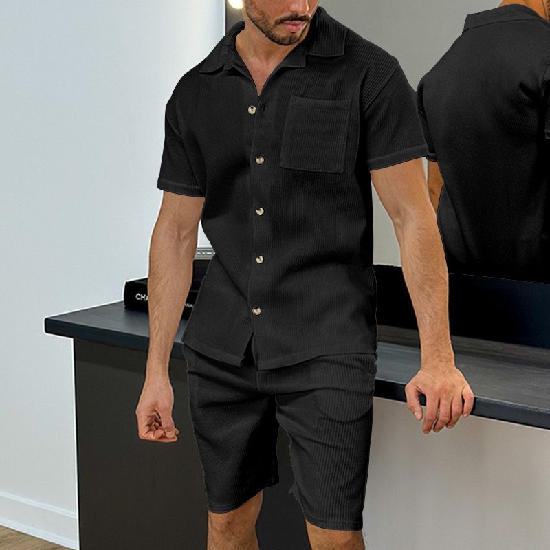 2024 Sommer Strickjacke Revers Kurzarm Shorts Casual Arbeit Vielseitig herren 2-teiliges Set_voghion.com