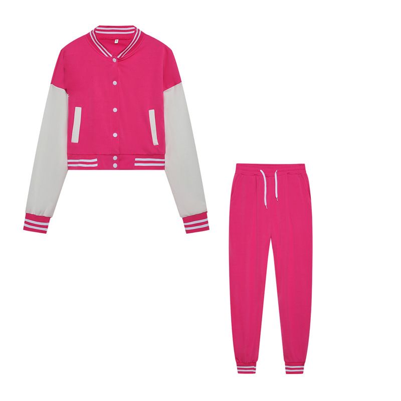 Patchwork Single-Breasted Baseball Jacket Women's Sports Two-Piece Set_voghion.com