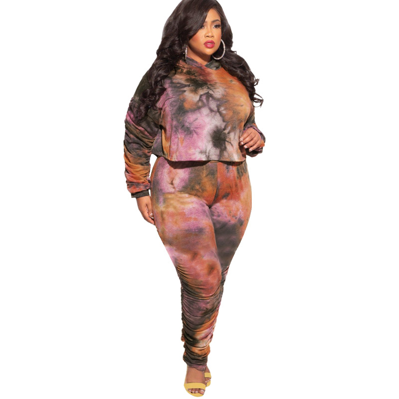 Costume deux pièces décontracté pour femmes, imprimé tie-dye, mode, grande taille, grande taille_voghion.com