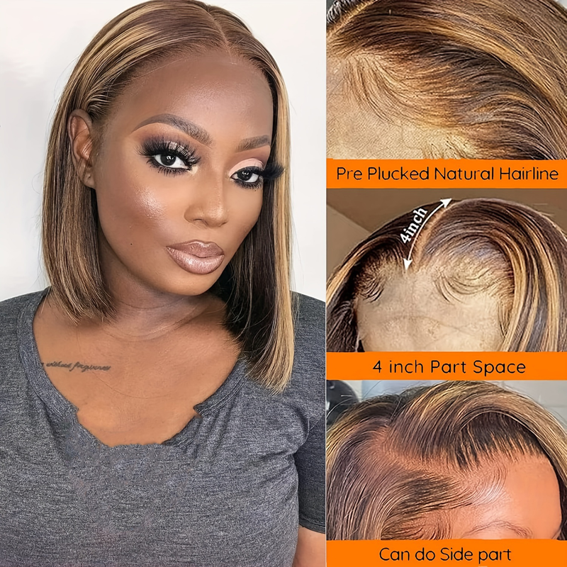 13*4 Pizzo Liscio Onda Diritta Capelli Corti P4/27 Evidenziato Colore Corrispondenza 100% Capelli Umani Linea di Capelli Naturali_voghion.com