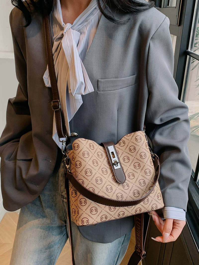 Bolso tipo cubo para mujer nuevo 2024, bolso de hombro con estampado vintage, bolso bandolera con correa ancha_voghion.com