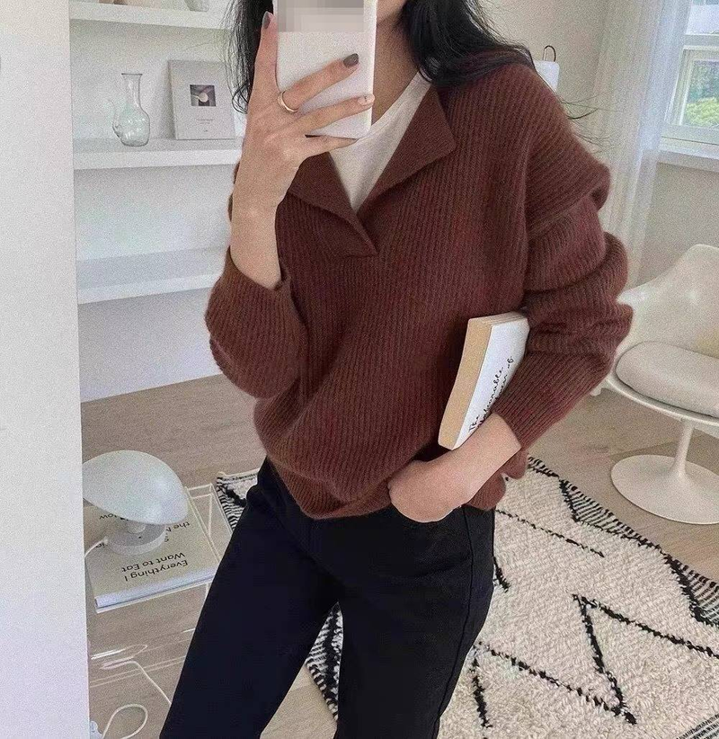 Maglione lavorato a maglia con scollo a V in stile coreano da donna, a maniche lunghe, vestibilità ampia, casual._voghion.com