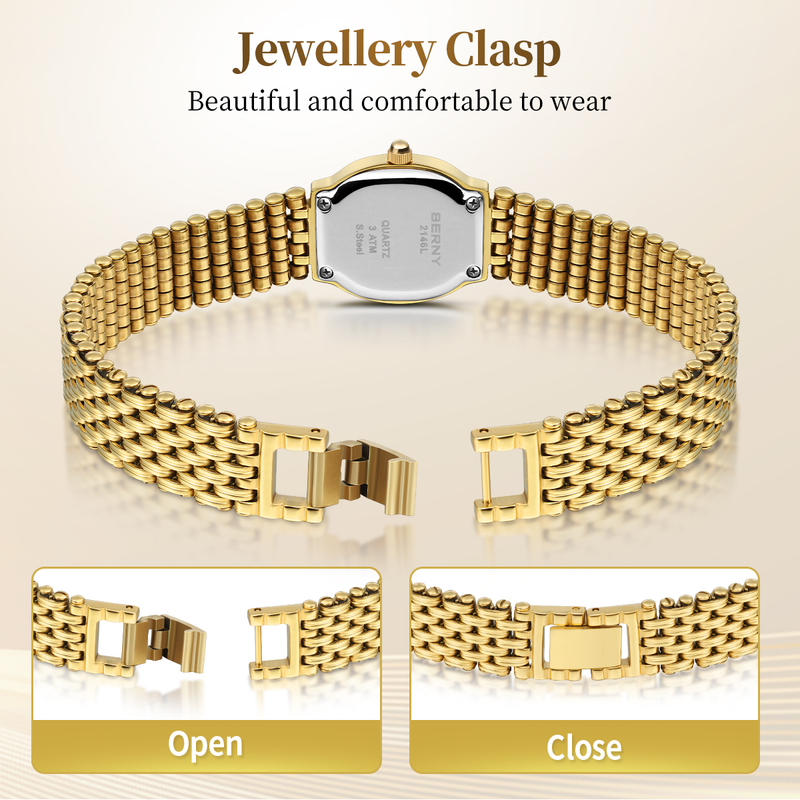 BERNY Small Gold Watches For Women Dainty Minimalist Oval Dial Stainless Steel Bracelet Watch Waterproof Luxury Ladies Quartz Watch With Tool Included_voghion.com