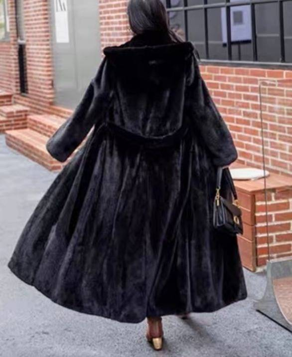 Luxury Faux Mink Coat – Knee-Length Vegan Fur Coat With Adjustable Belt & Hood (S-XXXL, Black)_voghion.com