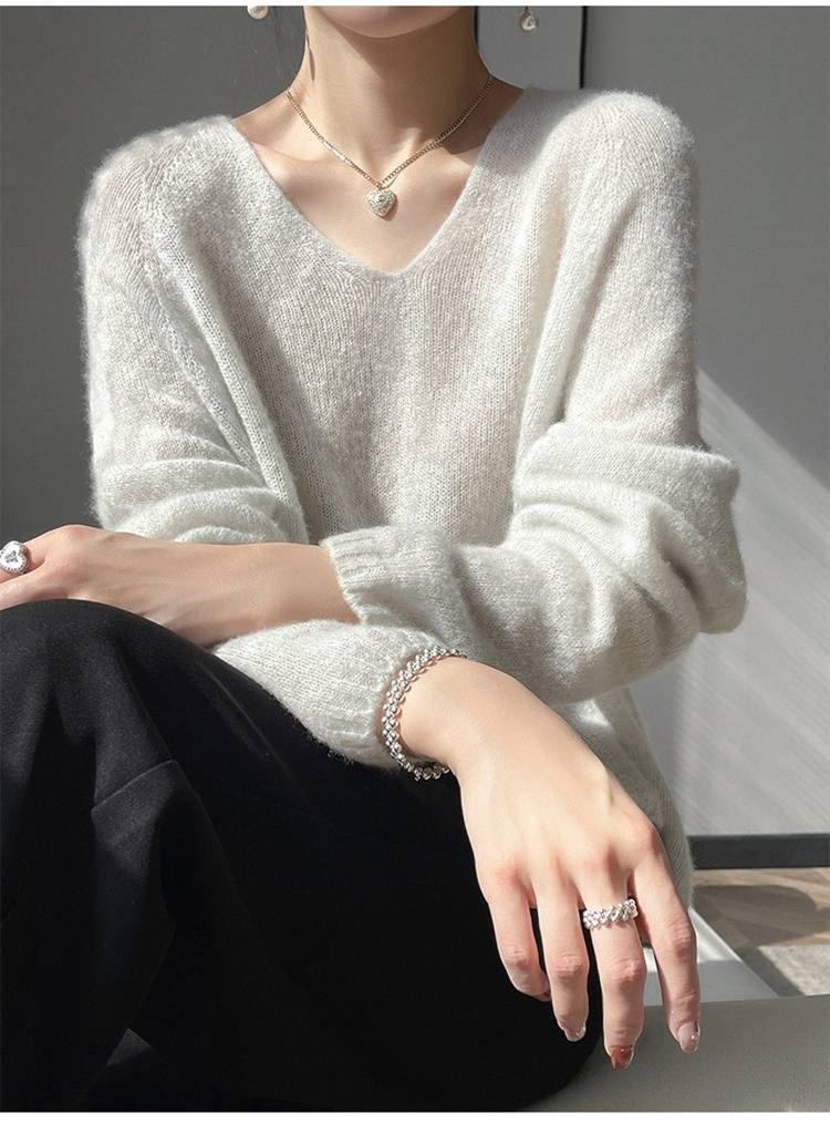 Pull col V en cachemire et soie sans coutures pour femme – Haut en tricot oversize aux couleurs pastel douces_voghion.com
