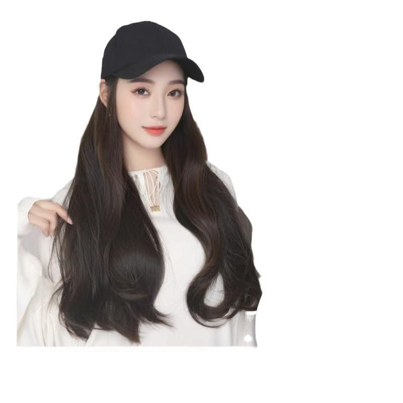 Cappello con parrucca lunga e ondulata alla moda da donna con visiera parasole, parrucchino in fibra sintetica ad alta temperatura dall'aspetto naturale per lo styling e l'uso quotidiano_voghion.com