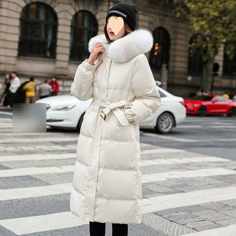 Lange Daunenjacke für Damen mit echtem Fuchspelzbesatz – Füllung aus 96 % weißen Entenfedern, schmaler, taillenbetonter Wintermantel, wasserabweisende Acryl-Außenschicht_voghion.com