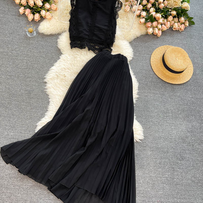 Haut en dentelle pour femmes, taille 1, jupe plissée en mousseline de soie, costume deux pièces_voghion.com