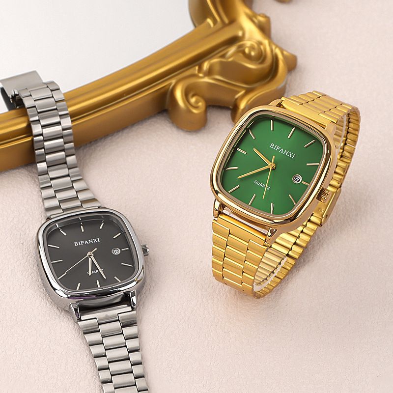 Neutral Style Steel Band Gold Small Square Calendar High-End Feel Unisex Commuter Wristwatch Gold Brick Quartz Watch_voghion.com