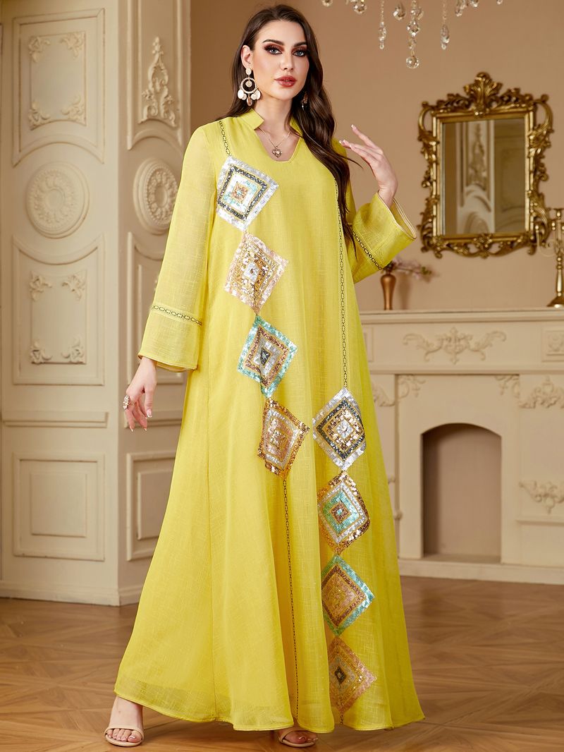 Women's Clothing Muslim Middle East Sleeved Abaya Sequined Long Skirt Saudi Arabia Dubai Dress_voghion.com
