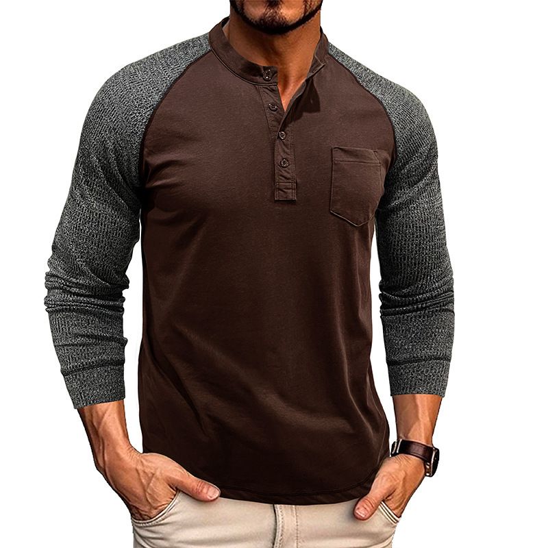 Unschlagbare Qualität Herren Rundhalsausschnitt Gerippte Patchwork-Ärmel Mit Raglan Henley Basis, Langärmliges Herren T-Shirt Top, Robustes Baumwollhemd_voghion.com