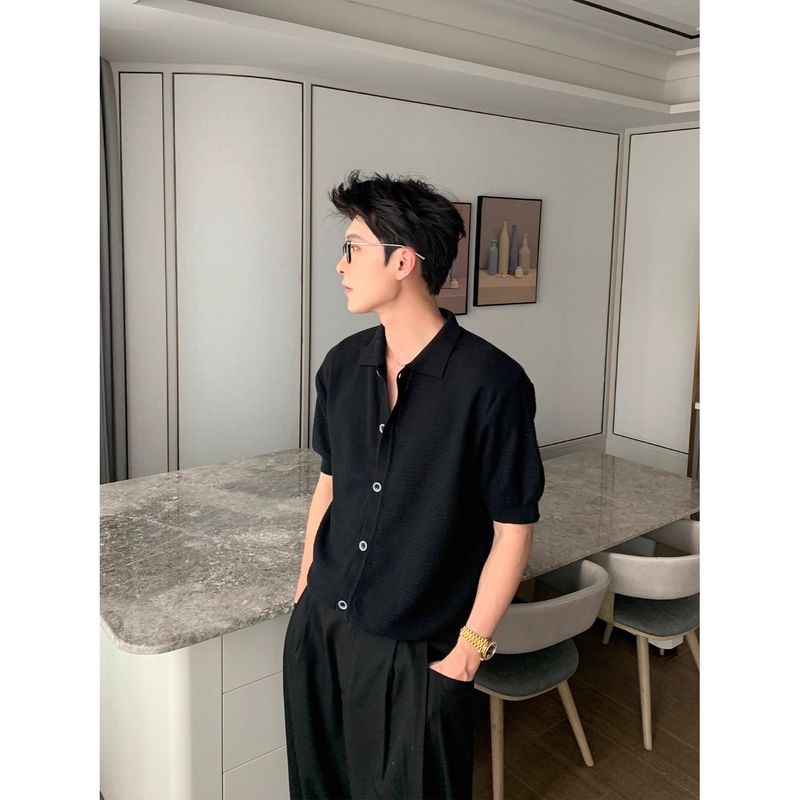 Souh Korea Dongdaemun Men's Fashionable Casual High-Qualiy Turn-Down Collar Knied Cardigan Shir Shor Sleeve_voghion.com
