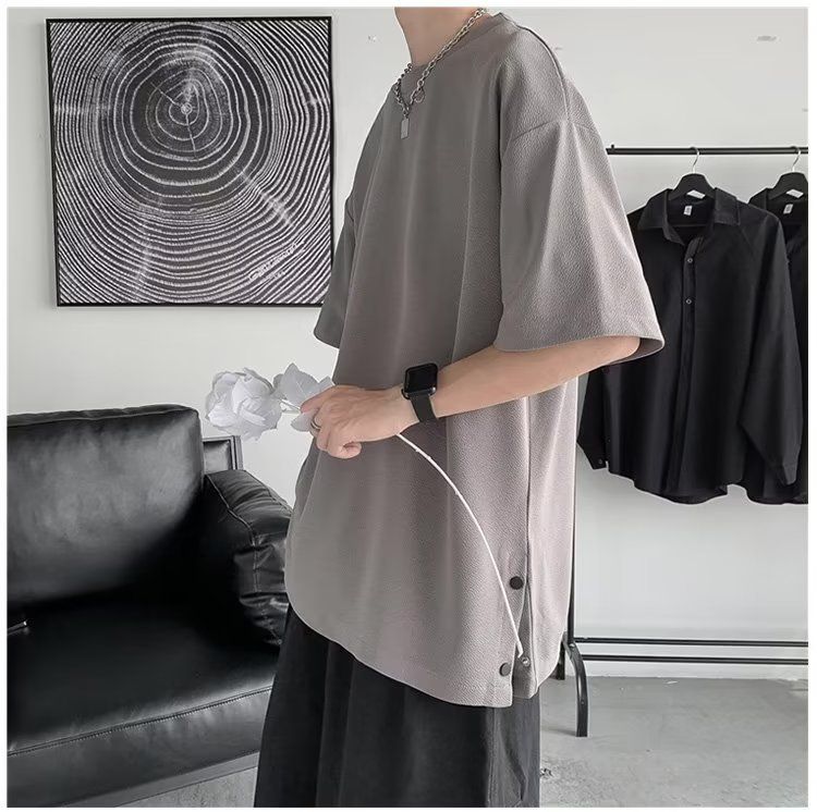 Trendy brand short T-shirt for men with irregular patchwork round neck design, fashionable split, solid color, half_voghion.com