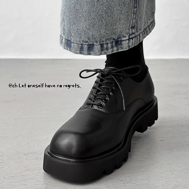 Square Toe Leather High-end Thick Soles, Korean Version Niche Design, Black Loafers For Men With High Height Derby Shoes_voghion.com
