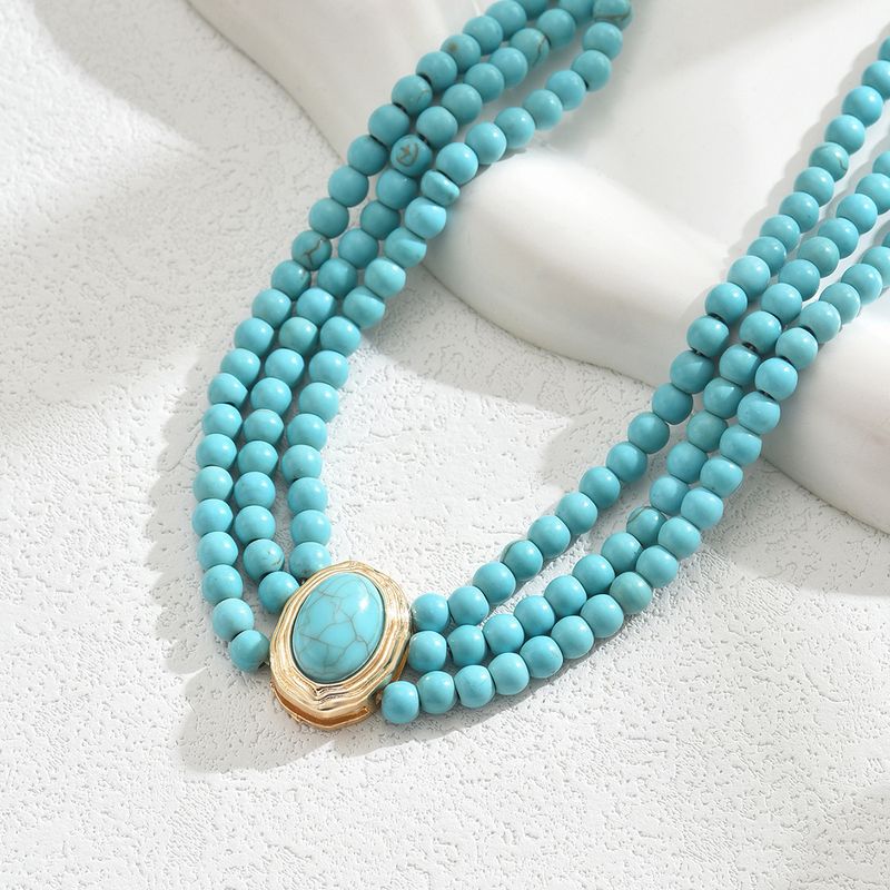French Fashion Retro Geometric Beaded Necklace Simple Turquoise Multi Layer Design Long Chain Alloy Clavicle Chain_voghion.com