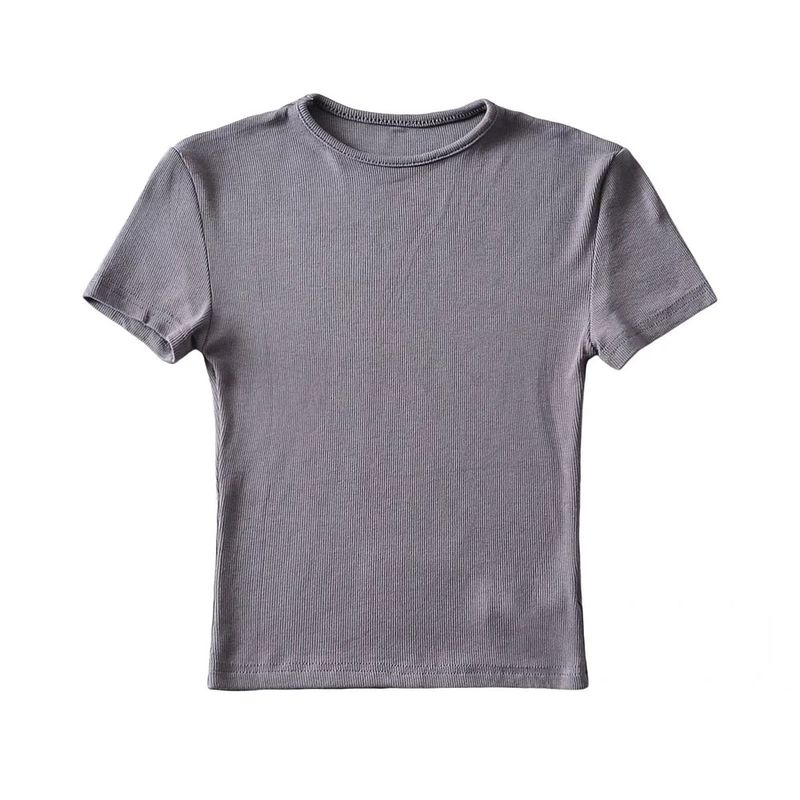 Maglietta corta da donna, vestibilità attillata, taglio con ombelico scoperto, manica corta, cotone filato, scollatura piccola elastica,_voghion.com