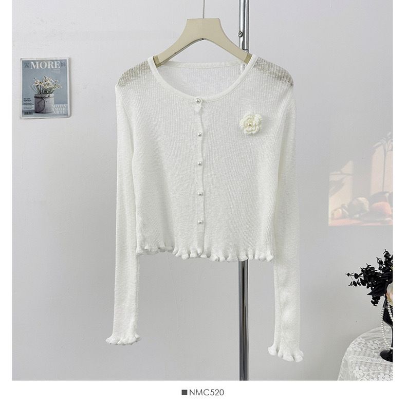 Damenbekleidung Dünnes Rundhals-Spleißen Blumen-Kurzes Langarm-Strick-Sonnenschutzhemd Sommer-Neues Slim Fit-Kleines Cardigan-Oberteil_voghion.com