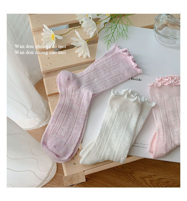 Socks, children's mid length socks, summer thin cut hollow, skin friendly, sweet and cute, solid color mesh pile socks_voghion.com