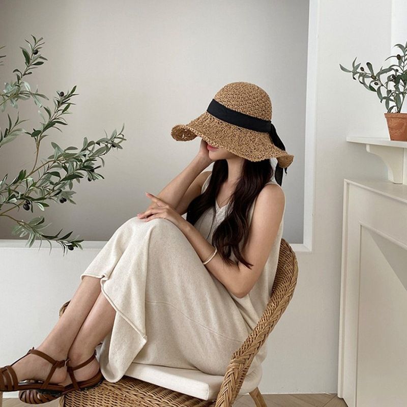 Nuovi arrivi Cappello da sole estivo Panama da donna in paglia larga con tesa larga, pieghevole, per spiaggia e vacanze_voghion.com