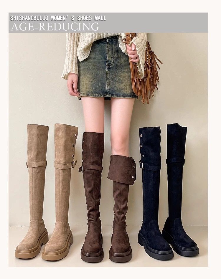 Stivali da equitazione lunghi sopra il ginocchio, alla moda, con tacco grosso, suola spessa e pieghe a due vie, stile western, autunno inverno_voghion.com