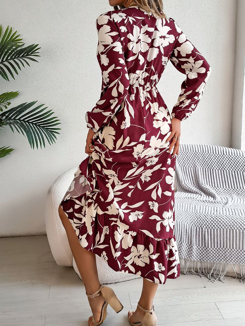 Abito casual a maniche lunghe con volant e fiori in vita, autunno e inverno 2025, abbigliamento da donna_voghion.com