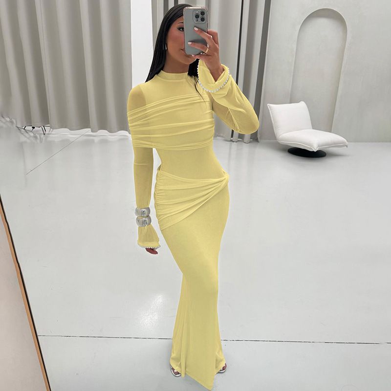 Elegante abito a maniche lunghe con pannello in rete – Abito aderente a vita alta con dettagli trasparenti (S-L, bianco/giallo, femminile e chic)_voghion.com