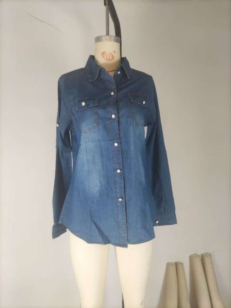 Damenbekleidung Damen Langarm-Strickjacke mit Revers und geknöpfter Tasche, unregelmäßiger Saum, einfarbiges Denim-Hemd_voghion.com