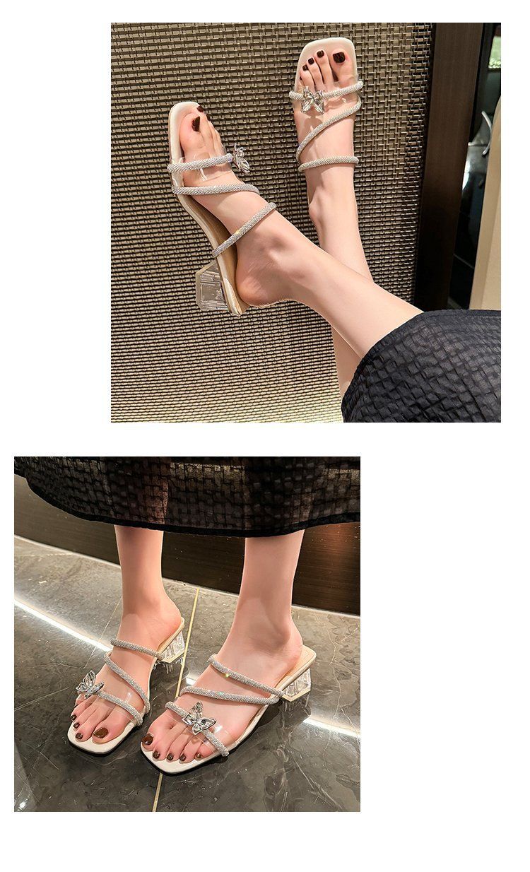 Women's Chunky Heel Sandals - Summer 2025 Crystal Rhinestone Butterfly Slides With Block Heel Elegant Dressy Open-Toe Shoes_voghion.com