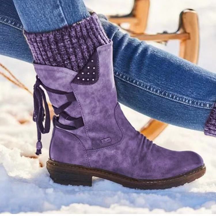 medium and low-cut  large size Martin boots for women in  new style square heel back strap  woolen women's boots_voghion.com