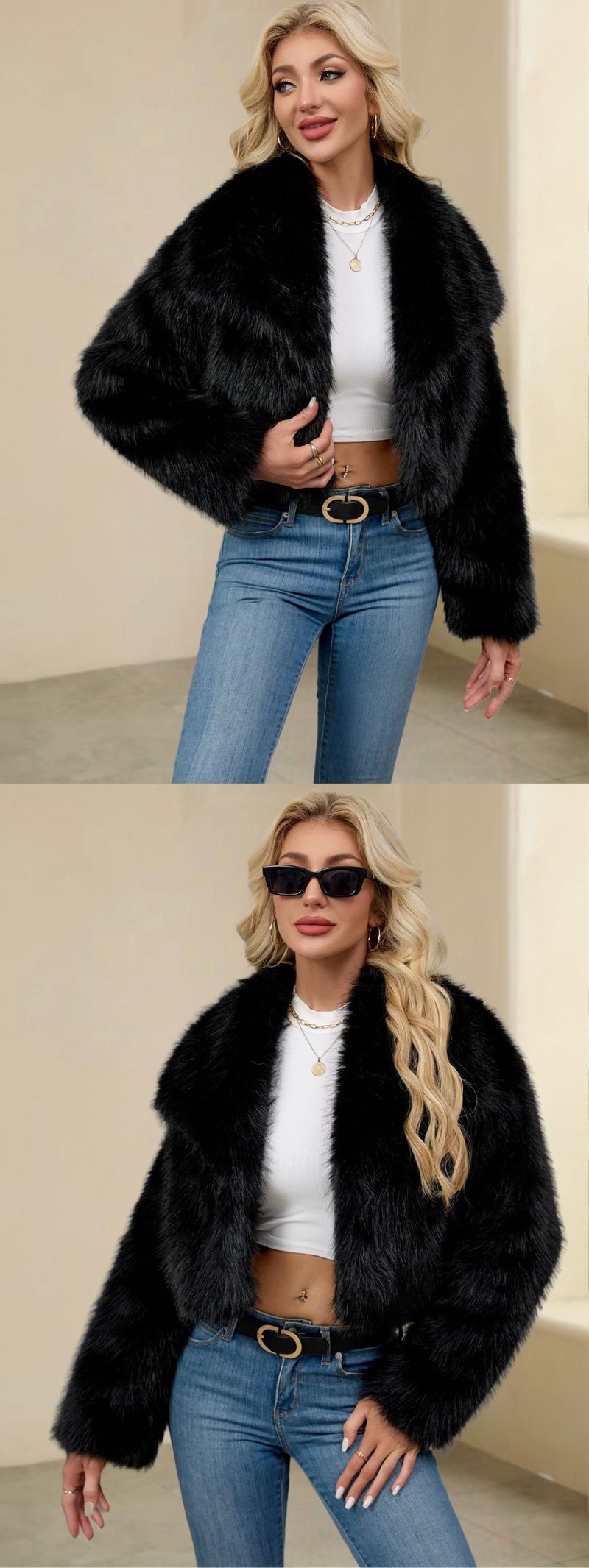 Giacca da donna con collo in pelliccia sintetica – Cappotto corto in peluche con revers alto | Lussuosa e calda (S-XXXL)_voghion.com