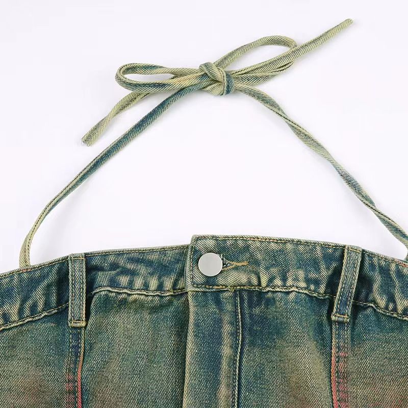 Women's Clothing Denim Suspender Suit Skirt Tube Top With Multiple Pockets Color Spray Paint Skirt Spot_voghion.com