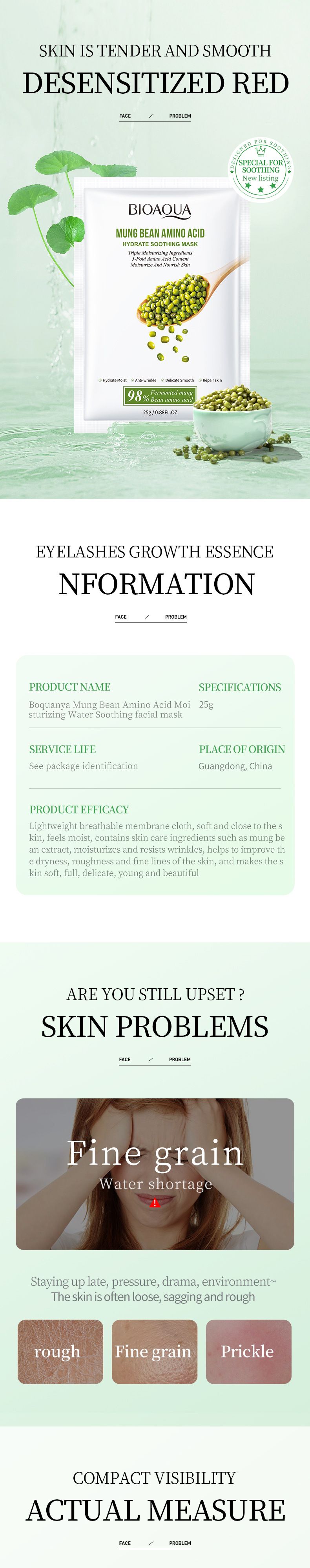 BIOAOUA Mung Bean Amino Acid Hydrating Water Soothing Mask/25g1 Piece, Moisturizing And Rejuvenating Mask_voghion.com