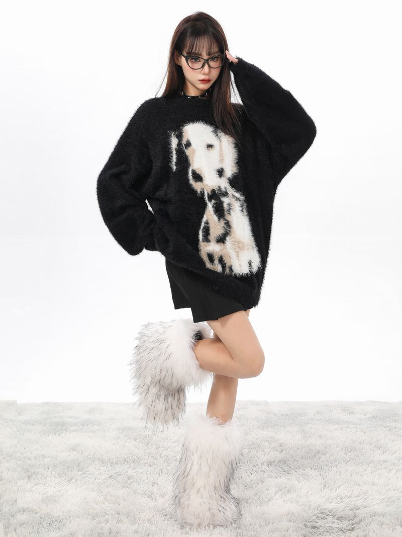 Suéter de terciopelo de visón con lunares negros para mujer, suave y holgado, de mohair, de longitud media, para otoño e invierno._voghion.com