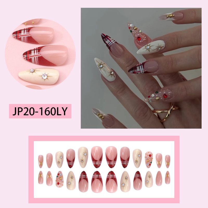 Consigli indossabili per Natale, unghie scintillanti multistrato con motivo a quadri rossi di alta qualità e mandorla francese, adesivi per unghie_voghion.com