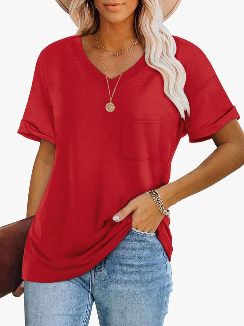 Maglietta a maniche corte con scollo a V e tasca in tinta unita da donna_voghion.com
