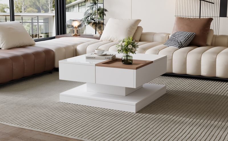 Table basse relevable 75,5 x 75,5 x 38 cm avec 4 compartiments de rangement, table de salon multifonctionnelle blanc brillant et ton bois, table d'appoint avec plateau amovible._voghion.com