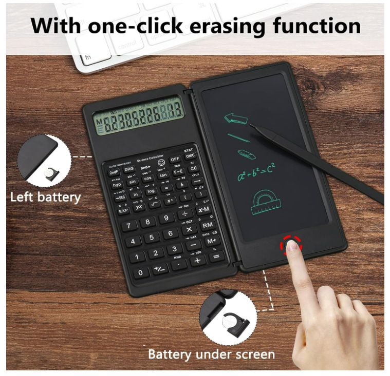 Solar Scientific Calculator With Writing Pad - 2-in-1 Portable Mini Foldable Calculator For Students & Professionals, 12-Digit Display, Dual Power_voghion.com