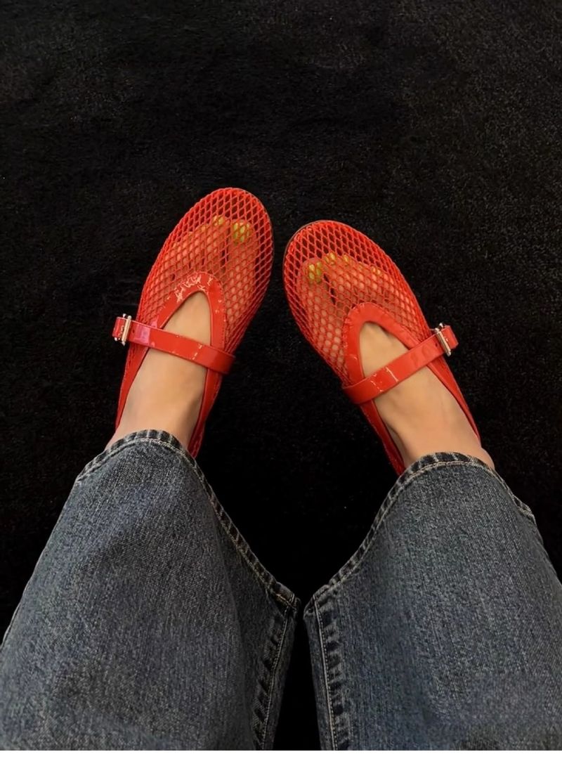 Fishnet Shoes Hollow Ballet Shoes Women's Buckle Outer Wear Flat Bottom Mesh Retro Mary Jane Single Shoes_voghion.com