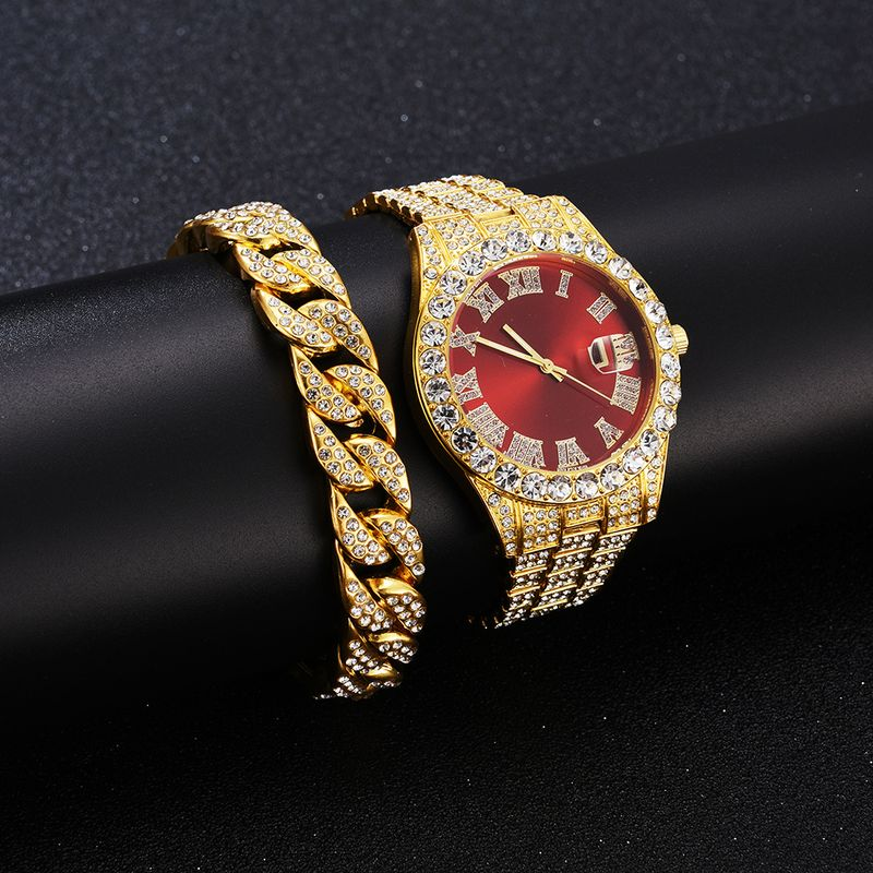 Collana con orologio da uomo Hip Hop Iced Out AAA con catena cubana a 2 file e orologio + bracciale + set punk rapper_voghion.com