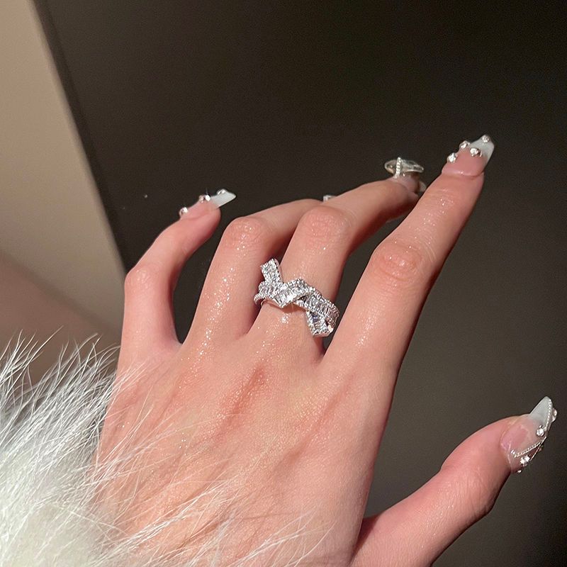 Women's Ring Silver Flash Diamond Simple Design Sense Opening Versatile Texture_voghion.com